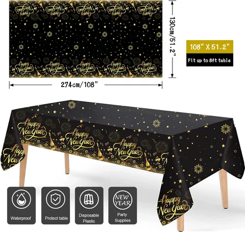 Miniatura 2 de HOWAF Paquete de 3 manteles de decoración de fiesta de Año Nuevo, mantel de feliz año nuevo negro y dorado para suministros de fiesta de Noticias