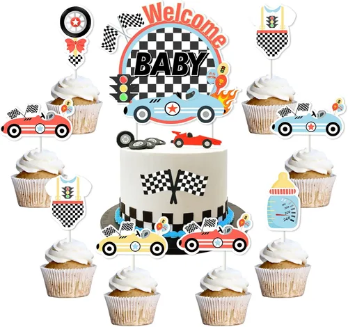 Decoración vintage para pastel de baby shower de coche de carreras (1 adorno para tartas, 24 adornos para cupcakes) – plateado – Decoración de baby