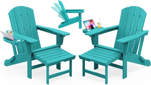 Miniatura 31 de KINGYES Silla Adirondack plegable ajustable con otomana retráctil, silla reclinable Adirondack de polietileno de alta densidad con soporte