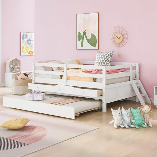 Miniatura 18 de Quarte Sofá cama multifuncional de tamaño individual con nido y estantes plegables en ambos lados, sofá cama con marco de madera y listones