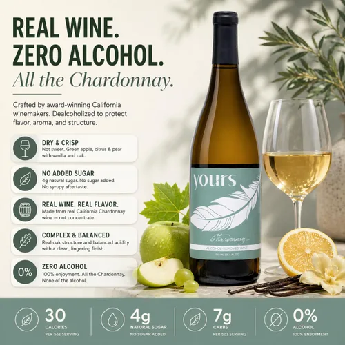 Miniatura 4 de YOURS Non-Alcoholic Wine Alternativa de vino premiada premium, sin alcohol y fruta de monje endulzada - Botella de 25.4 fl oz (Chardonnay)