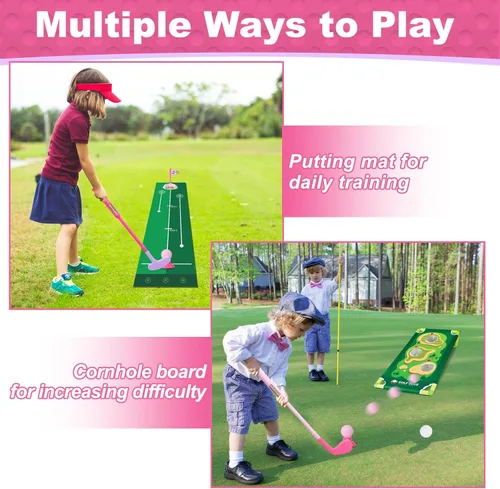 Miniatura 4 de Juego de golf para niños y niñas de 1, 2, 3, 4 años, carrito de golf mejorado para niños con alfombrilla de putting y tabla de cornhole, juguetes