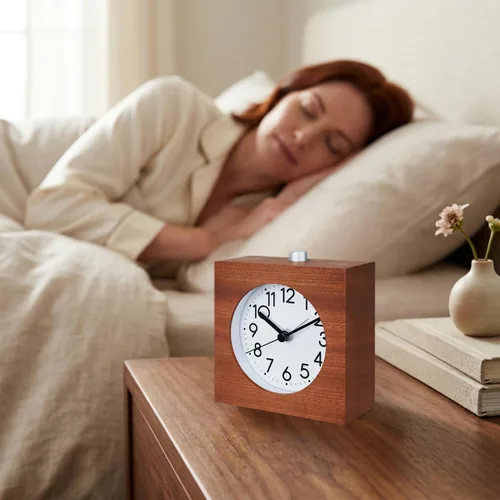 Miniatura 4 de Reloj despertador analógico de madera, cuerpo de madera sin tictac, silencioso, con función de repetición de luz nocturna, funciona