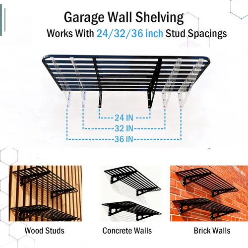 Miniatura 6 de ZoffyFabrizio Estantería de pared de garaje, paquete de 2 estantes de garaje de 2 x 4 pies (24 x 48 pulgadas), estante de pared para garaje