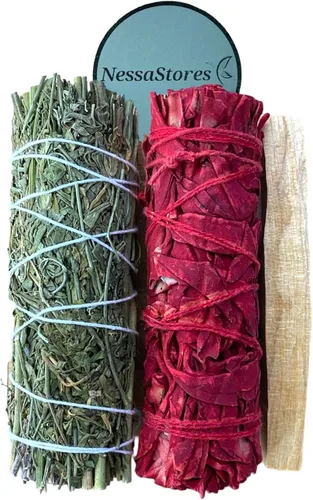NessaStores Muestreador de 3 piezas de Ruda Rue, salvia de sangre de dragón y Palo Santo, 4 pulgadas, totalmente natural, de origen ético para