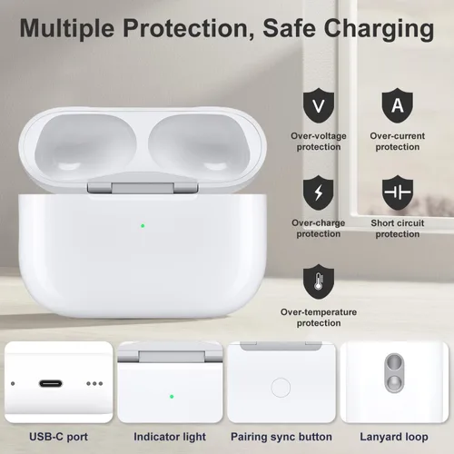 Miniatura 5 de Funda de carga inalámbrica para AirPods Pro 2ª y 1ª, puerto USB-C, repuesto de funda de cargador con botón de sincronización de emparejamiento