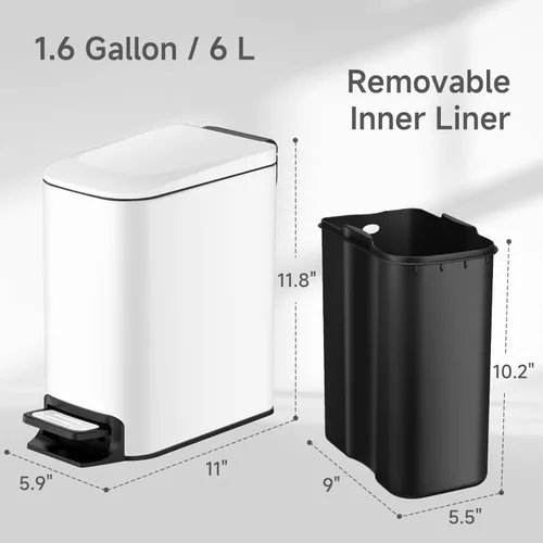 Miniatura 5 de TIPGO Cubo de basura delgado para baño con tapa de cierre suave, pedal escalonado, cubo de basura de acero inoxidable de 6 litros/1.6 galones, cubos