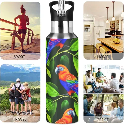 Miniatura 5 de Insulated Stainless Steel Water Bottle with Straw 20 Oz, BPA-Free Sports Water Bottle with Straw for Gym Outdoor Travel School, Vibrant Birds Green