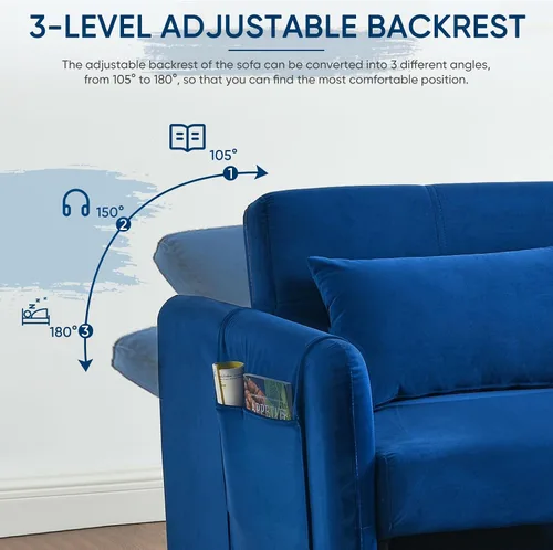 Miniatura 5 de Deolme Sofá cama convertible 3 en 1, moderno sofá biplaza de terciopelo con bolsillos laterales de almacenamiento y almohadas, sofá biplaza pequeño