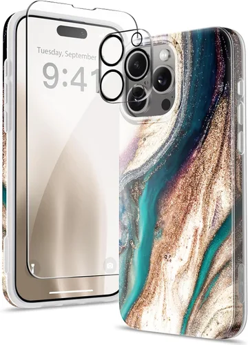 Miniatura 9 de GVIEWIN Funda de mármol para iPhone 15 Pro, con protector de pantalla y protector de lente de cámara