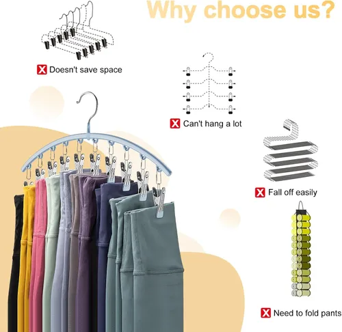 Miniatura 3 de Volnamal Organizador de leggings para armario, colgador de metal para pantalones de yoga con revestimiento de goma, paquete de 4 con 10 clips