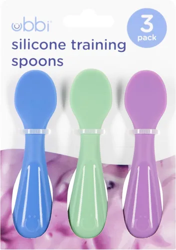 Miniatura 9 de Ubbi Cucharas de entrenamiento de silicona para bebés, paquete de 3 utensilios de autoalimentación de punta suave para el destete del bebé, cucharas