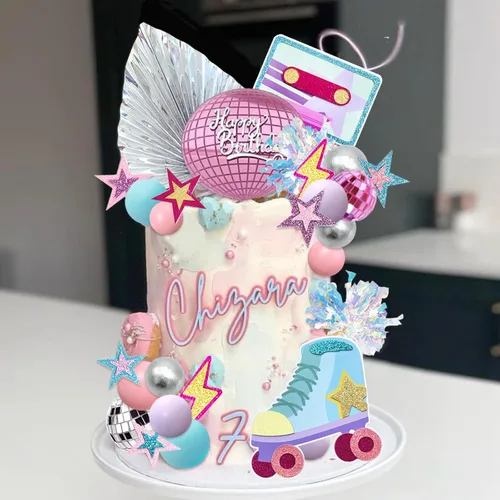 Miniatura 7 de 40 adornos para tartas de patinaje de los años 80 y 90, decoración retro de cumpleaños de niña con mini bolas para patinaje, suministros de fiesta
