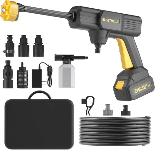 Lavadora portátil inalámbrica, lavadora a batería de 1100 PSI con motor de cobre, batería, manguera elástica de 23 pies, bolsa de almacenamiento;