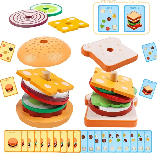 Miniatura 9 de Juguetes Montessori de madera para apilar hamburguesas, juguetes para niños pequeños, educación preescolar, juego de mesa, educación temprana