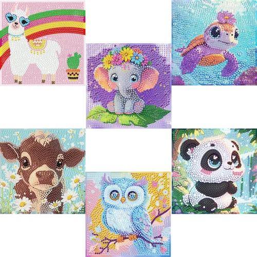 Miniatura 9 de Acelii Paquete de 6 kits de pintura de diamantes de dibujos animados 5D para niños principiantes, lindos animales, kit de arte de diamantes