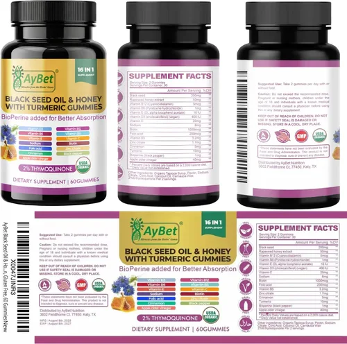 Miniatura 8 de Gomitas de aceite de semillas negras y miel con cúrcuma – Suplemento 16 en 1 con vitaminas D3, B12, biotina y zinc – USDA orgánico, halal, vegano