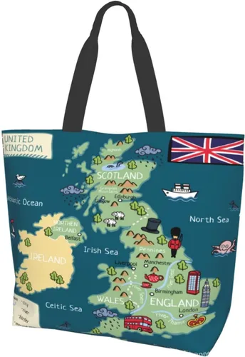 Miniatura 2 de Divertido bolso de mano de dibujos animados del Reino Unido con mapa, grande, casual, para mujer, bolsas de hombro reutilizables para el trabajo
