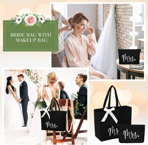 Miniatura 6 de Bolsa de mano para novia con bolsa de maquillaje, juego de poliéster MRS para mujer, grande, negro, regalos de boda, Negro -, Grande