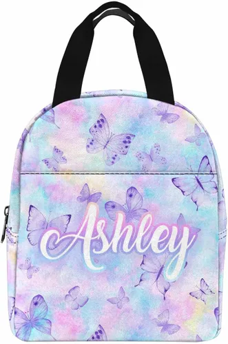 Miniatura 17 de InterestPrint Bolsa de almuerzo con nombre personalizado para hombres y mujeres, diseño de mariposa rosa y azul personalizada, caja de almuerzo