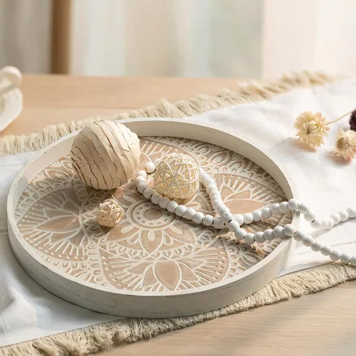 Miniatura 9 de Hanobe Bandeja decorativa redonda para mesa: bandejas de mesa de café boho para decoración del hogar – Medio siglo Farmhouse Circle Wood Serving