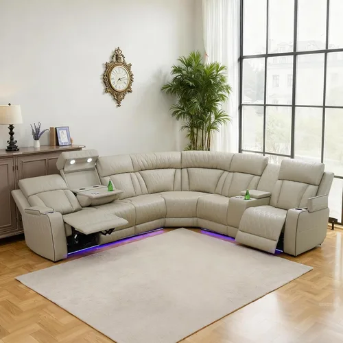 Sofá reclinable de cuero eléctrico, sofá modular de lujo con movimiento eléctrico, asiento ejecutivo de cine en casa, consola de alimentación USB e