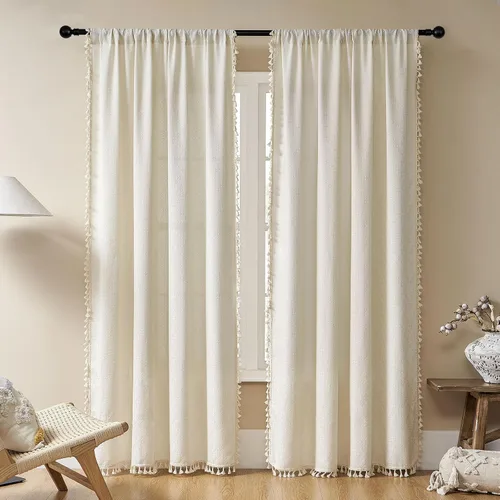 Miniatura 11 de Joydeco Cortinas Bohemias Beige de 63 Pulgadas de Largo 2 Paneles, Cortinas de Granja Bohemias Súper Suaves con Borlas, Cortinas Semitransparentes