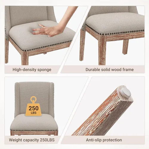 Miniatura 4 de MALOL Juego de 2 sillas de comedor, sillas laterales de cocina tapizadas de tela con patas de madera para uso en cocina y restaurante, color beige