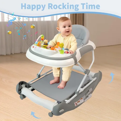 Miniatura 6 de Andador de bebé 5 en 1, caminador de música y luces para bebés niños y niñas de 6 a 12 meses, andadores plegables con ruedas y gorila combo Gris