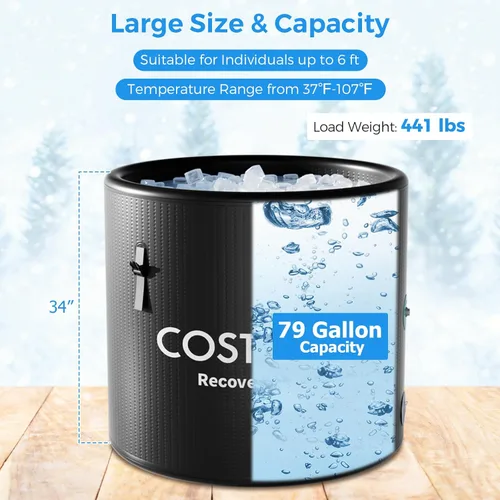 Miniatura 2 de COSTWAY L - Tina de baño de hielo ovalada de 79 galones con tapa, bañera inflable portátil para exteriores con mochila, bomba, para terapia de frío