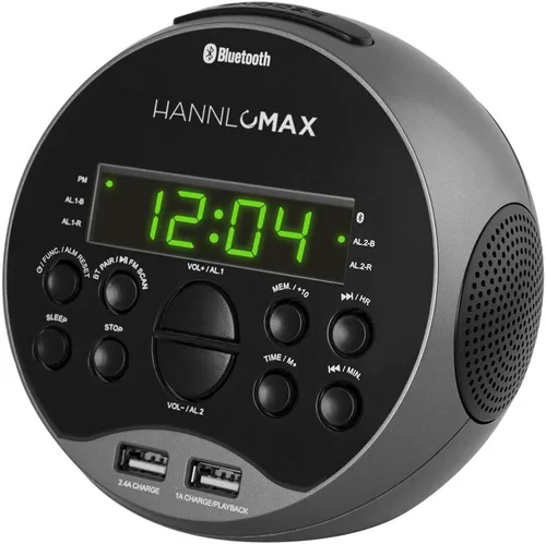 Miniatura 2 de HANNLOMAX Radio despertador HX-129CR. Radio FM PLL, pantalla LED verde de 0.6 pulgadas, Bluetooth, puertos USB para carga de 2.4A y 1A/reproducción