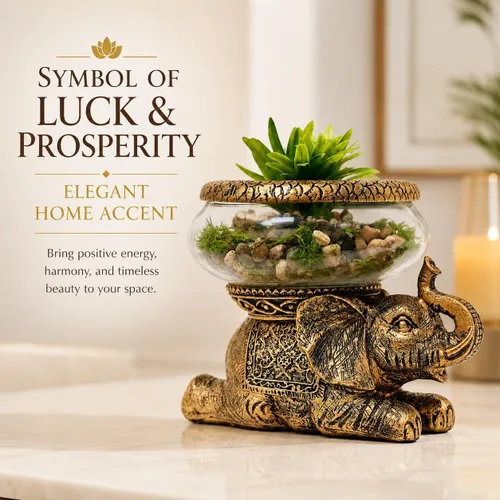 Miniatura 3 de Tazón de cristal de elefante de buena suerte, figura decorativa envejecida dorada con cuenco de vidrio extraíble, terrario, portavelas o acuario