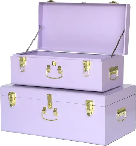 Miniatura 13 de Vixdonos Conjunto de 2 baúles de almacenamiento decorativos de metal – baúl para dormitorio universitario con asa (rosa)