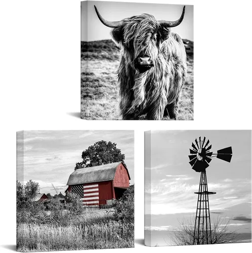 Juego de 3 impresiones artísticas en lienzo en blanco y negro para pared, diseño de granero, bandera estadounidense, vacas y molinos de viento,