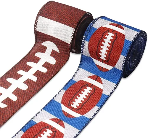 Miniatura 12 de 2 rollos de cintas de fútbol americano de 2.5 pulgadas x 10 yardas para lazos, cintas deportivas de arpillera con borde con alambre para envolver