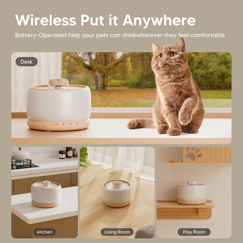Miniatura 2 de WOPET Fuente de agua inalámbrica para gatos, dispensador automático de agua de cerámica para gatos, fuente de agua inalámbrica para perros