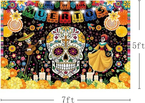 Miniatura 4 de MEHOFOND Telón de fondo del Día de los Muertos de 7 x 5 pies para fiesta mexicana, Día de los Muertos, decoración de fiesta de cumpleaños, pancarta