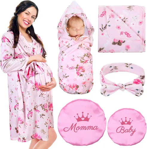 Mepase 5 piezas de mamá y yo hospital a juego trajes de maternidad bata de envolver manta para bebé niña niños diadema sombrero para mamá bebé