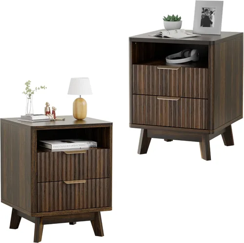 Miniatura 26 de Mesita de noche con 2 cajones de almacenamiento, mesa auxiliar moderna para dormitorio con asa recortada, mesitas de noche grandes para dormitorio