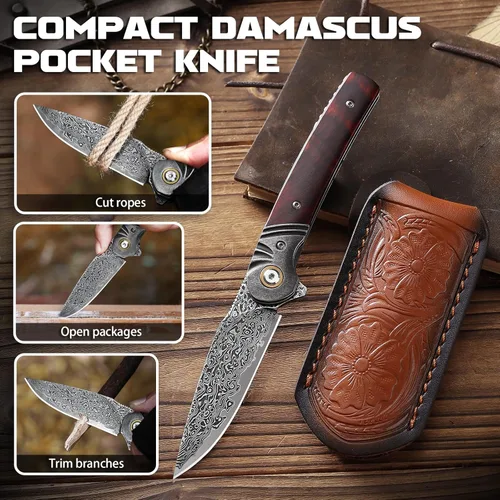 Miniatura 3 de Omesio Cuchillo de bolsillo de damasco, hoja de acero de damasco de 3.27 pulgadas, mango de palisandro, cuchillo plegable EDC con clip y funda