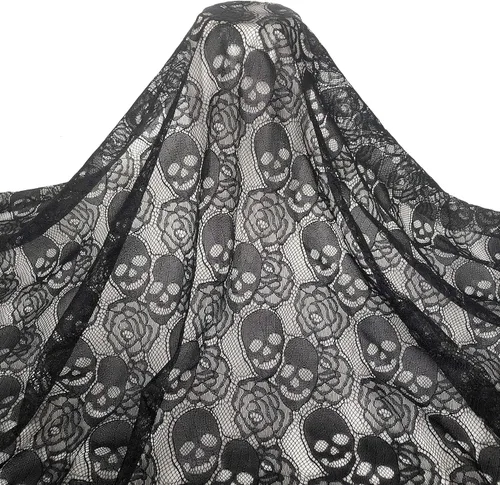 Tela de encaje de calavera negra, encaje de tela no elástica de 59 x 72 pulgadas, tela de encaje floral para fiesta de Navidad, mantel de boda,