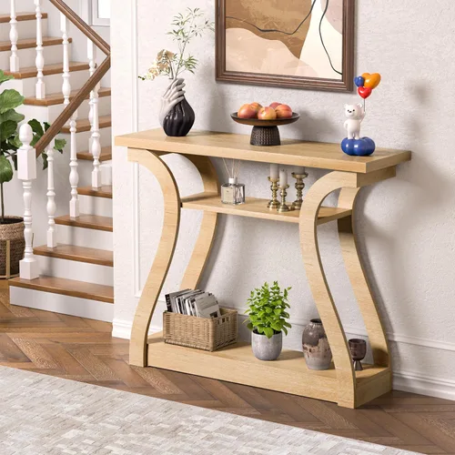 Miniatura 7 de Mesa consola de madera con patas curvadas y estante, mesa de sofá moderna de 3 niveles para zona de entrada, sala de estar, pasillo, 47 pulgadas