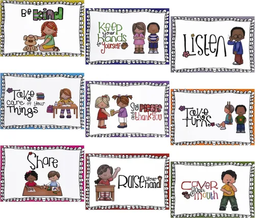 Alpurple 9 pósteres A4 de reglas de aula, pósteres de reglas de clase preescolar, pósteres educativos de comportamiento de reglas del aula, tabla de
