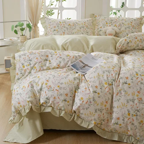 Miniatura 26 de Juego de funda de edredón blanca con estampado floral azul, juego de ropa de cama de algodón suave estilo bohemio, juego de ropa de cama estética