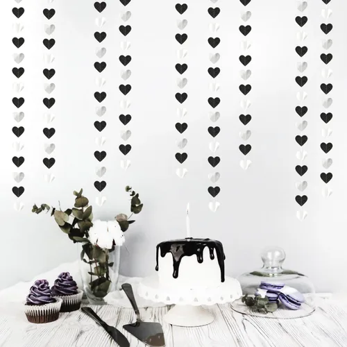 Miniatura 6 de Guirnalda de corazones para decoración de fiesta en negro, blanco y plata - 52 pies para cumpleaños de 21 años, víspera de Año Nuevo, fondo