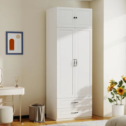 Armario blanco Armario: Armario extra alto de 88 pulgadas con cajones, Armario de dormitorio con puertas, Armario grande de madera con armario