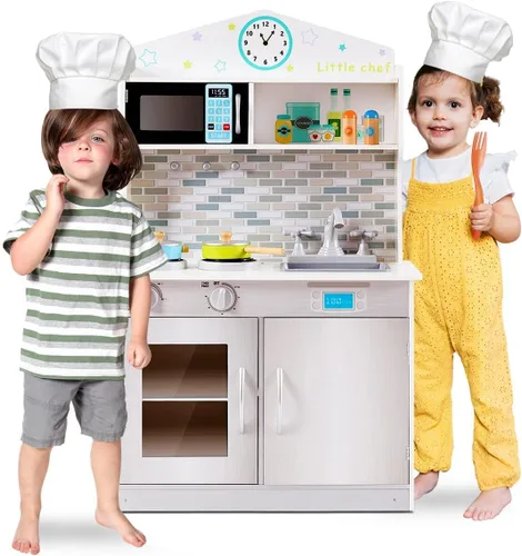 OLAKIDS - Juego de cocina para niños, cocina de madera para niños pequeños con sonidos reales, estufa, microondas, horno, fregadero, gabinete de