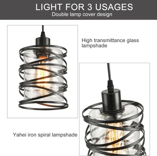 Miniatura 5 de Paquete de 3 Luces Colgantes para Isla de Cocina, Iluminación Colgante para Isla de Cocina, Luz Colgante de Vidrio con Jaula en Espiral, Pantalla
