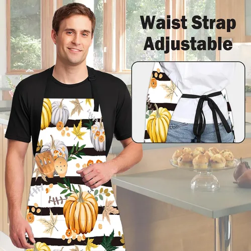 Miniatura 5 de Delantal de rayas de flores de calabaza con hojas de otoño, regalos para mujeres, delantal con cuello ajustable, impermeable, para mujeres