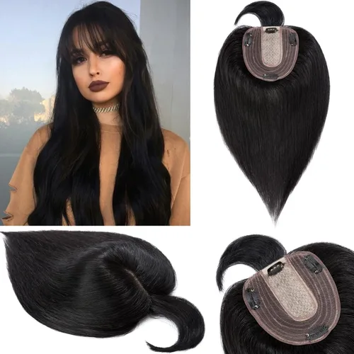 S-noilite Toppers de cabello humano real con flequillo, postizo de clip con flecos, densidad del 130%, base de seda, 1.58 oz, 10 pulgadas, negro